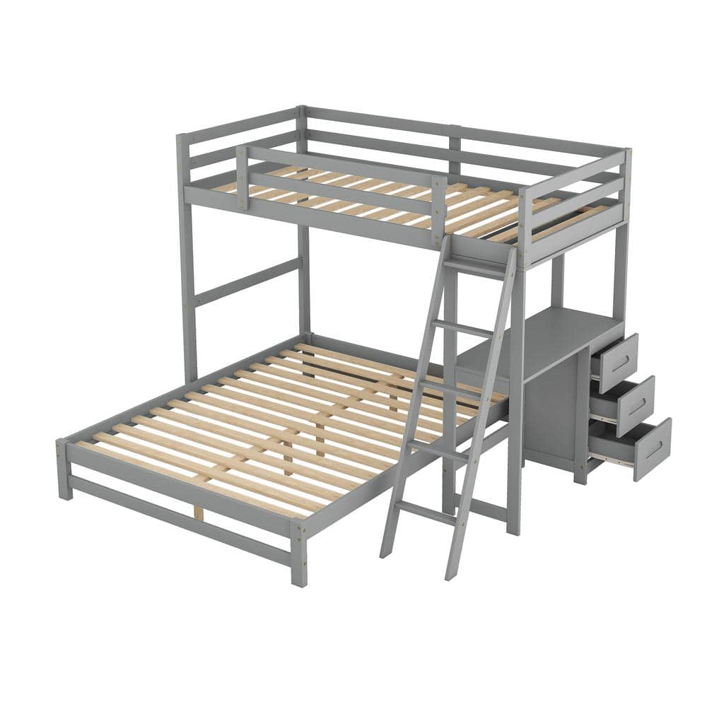 Harper & Bright Designs Gray Twin over Full Wooden Bunk Bed with Built-in Desk, 3 Drawers and Ladder - 3
