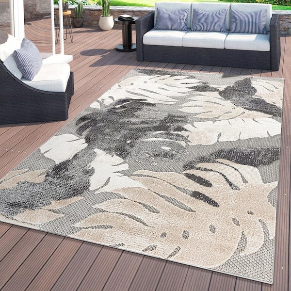 Veranda Gray Floral Leaf Waterproof Plastic Outdoor Area Rug