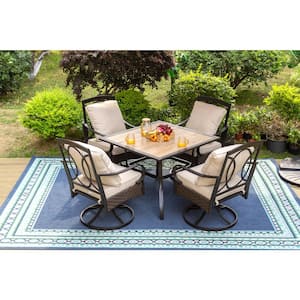 5-Piece Metal Patio Outdoor Dining Set with Square Wood-look Tabletop and Swivel Chairs with Beige Cushions