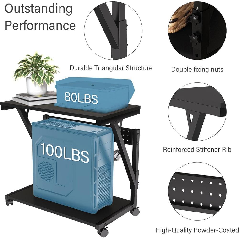 Adjustable Black Steel Computer Tower Stand with Rolling Wheels