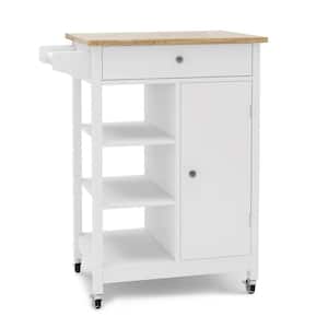 Greenwood White Kitchen Cart with Rubber Wood Top and Towel Rack