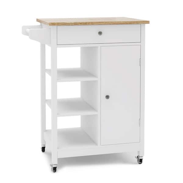 Hooseng Greenwood White Kitchen Cart with Rubber Wood Top and Towel Rack