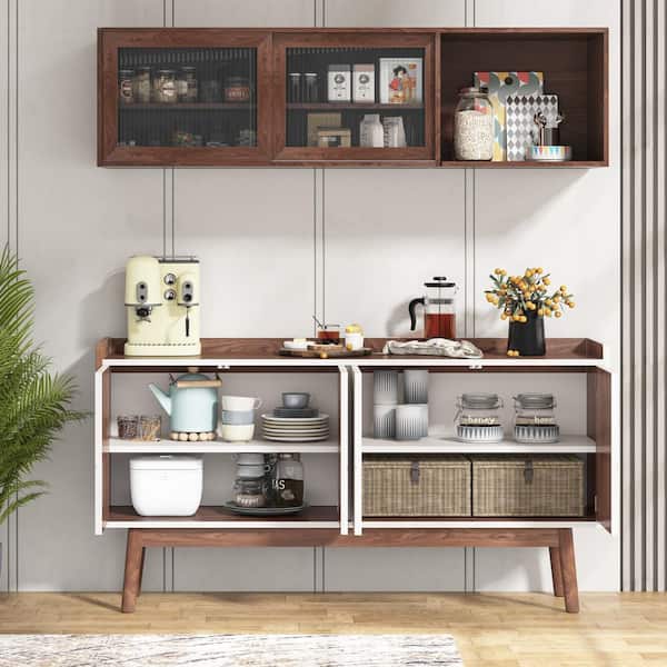 BYBLIGHT Ahlivia White Wood 55 in. W Buffet Cabinet Sideboards with 2-Door and Open Tabletop Storage