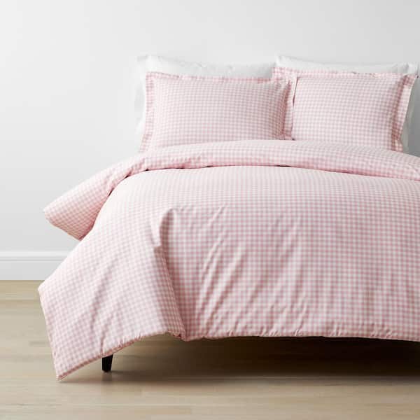 Company Kids Gingham 3-Piece Petal Pink Organic Cotton Percale Queen Duvet Cover Set