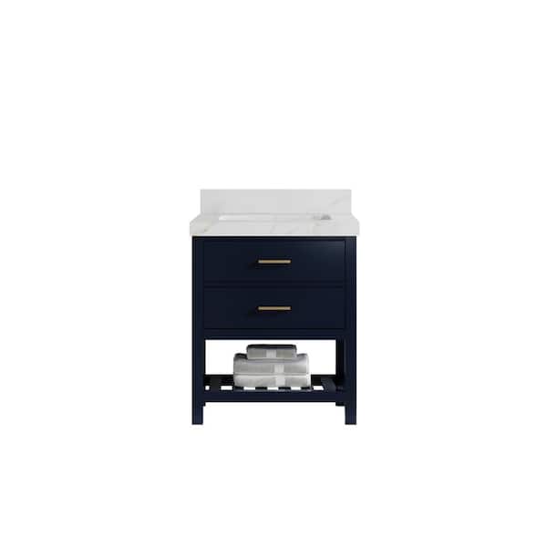 Willow Collections Parker 30 in. Single Sink Freestanding Navy Blue Bath Vanity with Calacatta Sienna Qt. Top Unassembled