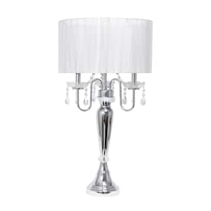 31 in. Chrome Cascading Crystal Table Lamp with White Fabric Shade