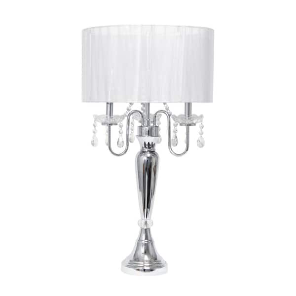 Lalia Home 31 in. Chrome Cascading Crystal Table Lamp with White Fabric Shade