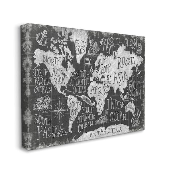 Children Mythical Creatures Black White Chalk Map by Mary Urban Unframed Print Abstract Wall Art 30 in. x 40 in.