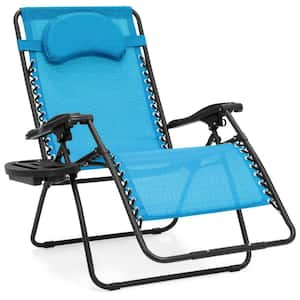 Oversized Zero Gravity Folding Reclining Light Blue Fabric Outdoor Lawn Chair w/Cup Holder