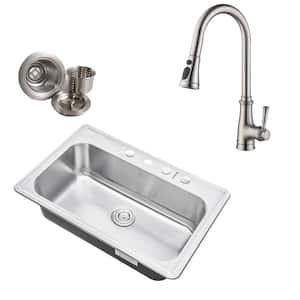 Topmount Drop-In 18-Gauge Stainless Steel 33 in. x 22 in. x 9 in. 4-Hole Single Bowl Kitchen Sink with Faucet