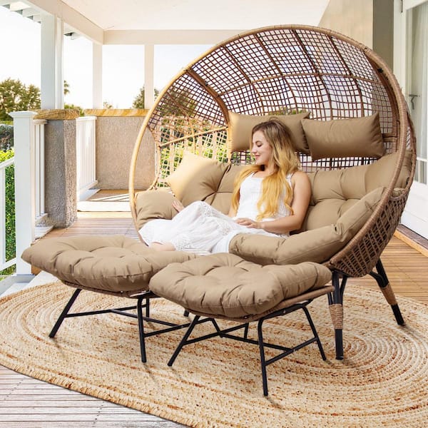 FINCATI 2-Person Brown Double PE Wicker Outdoor Lounge Egg Chair with Brown Cushion and 2 Pcs Ottoman
