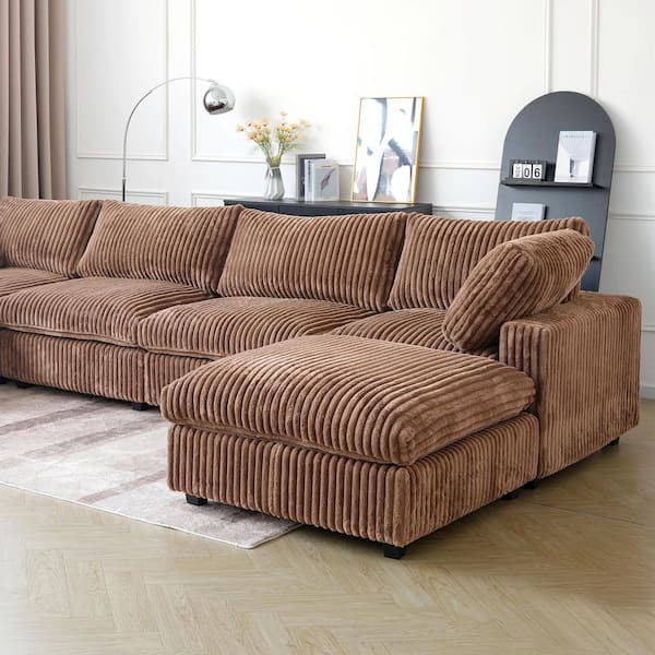 Modern Cloud Couch 157 in. Square Arm Faux Rabbit Fur Velvet Modular Sofa with Ottoman, Washable Covers in. Brown
