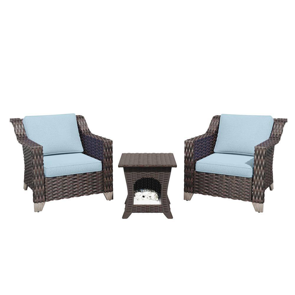 3-Piece Wicker Outdoor Patio Conversation Lounge Chair Set with Side Table and Baby Blue Cushions price history on PriceWatchPro