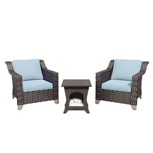 3-Piece Wicker Outdoor Patio Conversation Lounge Chair Set with Side Table and Baby Blue Cushions