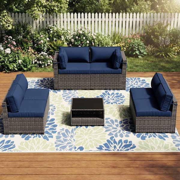 JOYSIDE 7-Piece Brown Wicker Outdoor Patio Sectional Set with Blue