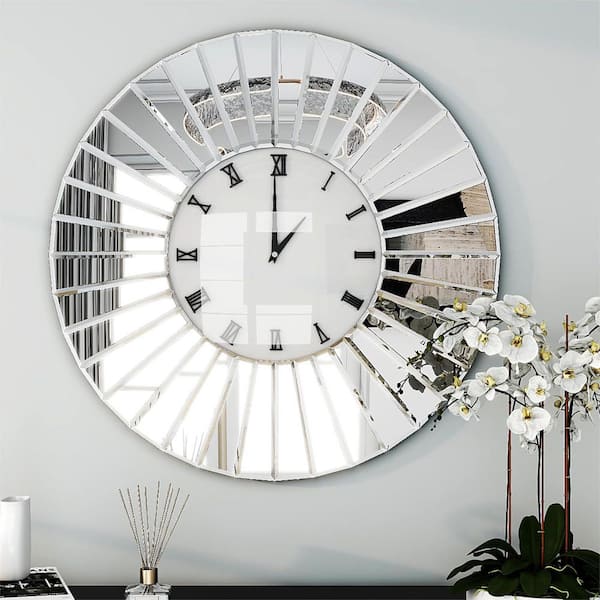 THKSHOUZ Modern Silver 31.5 in. W x 31.5 in. H Round Mirrored Wall Clock