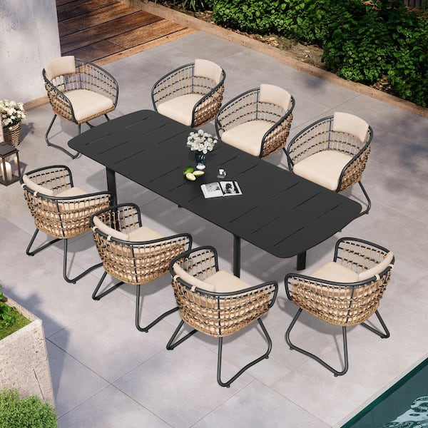 Pellebant 9-Piece Aluminum Faux Rattan Outdoor Dining Set with Washed Beige Cushion and Extendable Table