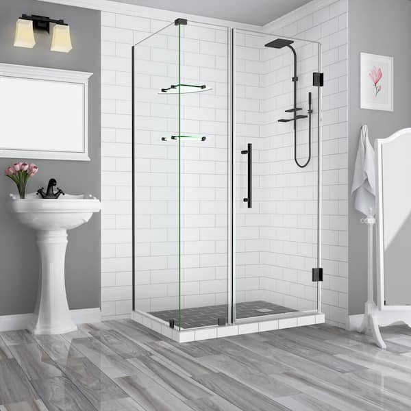 Aston 47.25 in. to 48.25 in. x 38.375 in. x 72 in. Frameless Corner Hinged Shower Enclosure with Glass Shelves in Matte Black