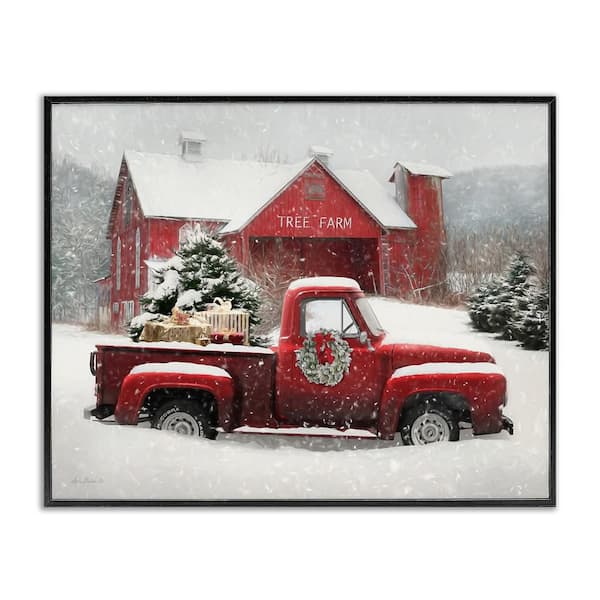 Tree Farm Red Truck Wintery Snow Flurries by Lori Deiter Framed Giclee Art Print Nature 24 in. x 30 in.