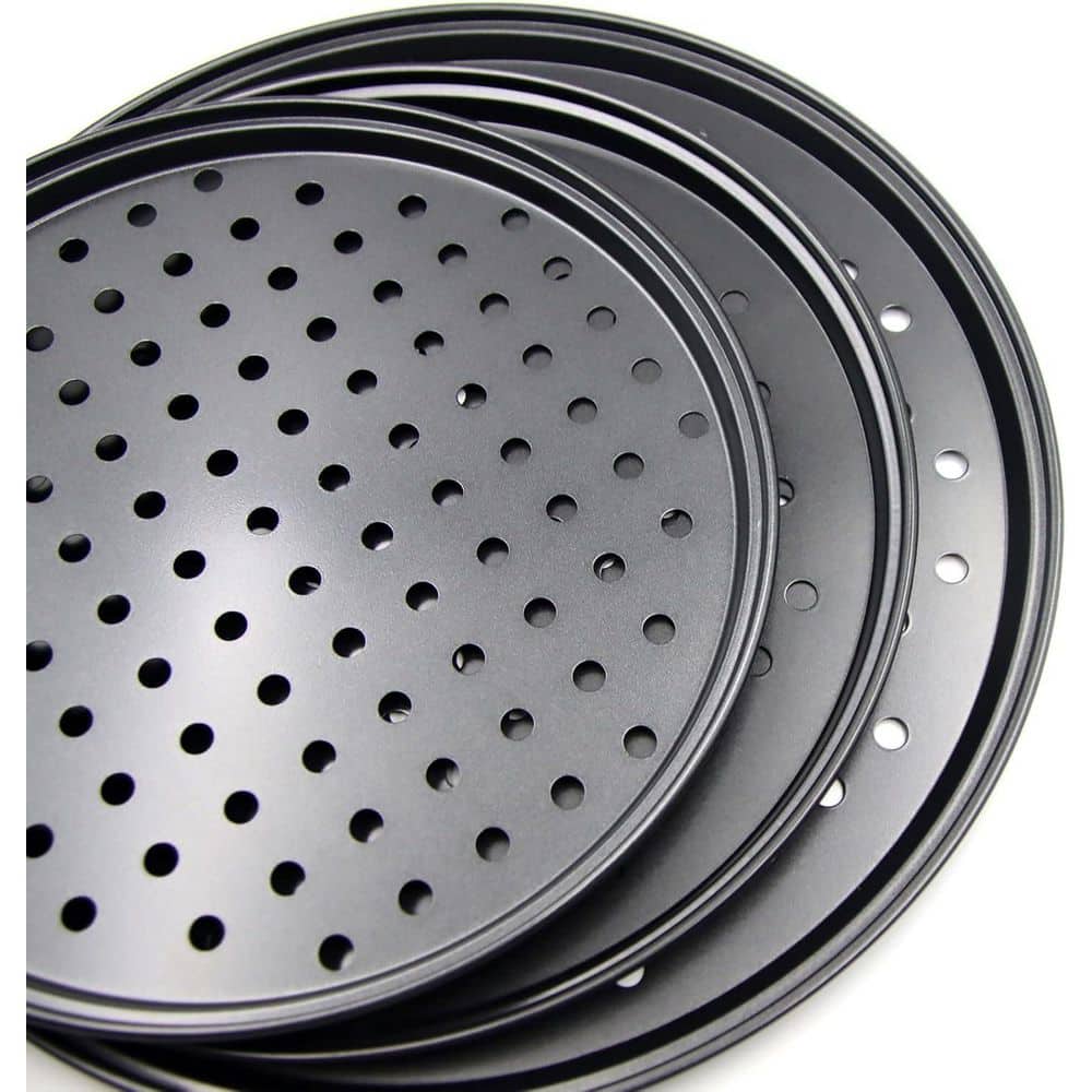 Wudkey Carbon Steel Pizza Pan Set with Holes, Black Pizza Pan for Oven Baking Supplies, Home, Kitchen, Restaurant (3-Pack) QQ8Y75_3