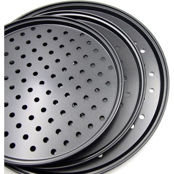 Carbon Steel Pizza Pan Set with Holes, Black Pizza Pan for Oven Baking Supplies, Home, Kitchen, Restaurant (3-Pack)