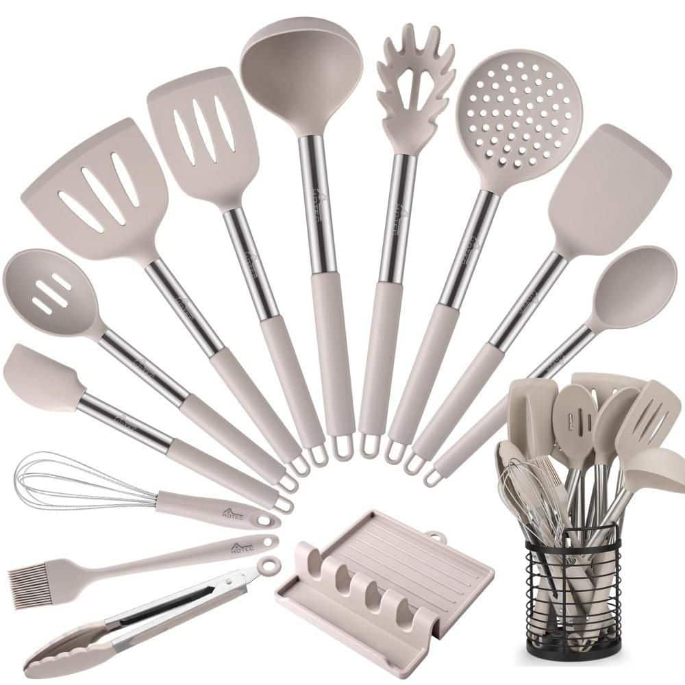 Beige Heat Resistant 14-Piece Silicone Kitchen Utensil Set, Non-Stick Cooking Tools with Storage Holder, Dishwasher Safe price history on PriceWatchPro