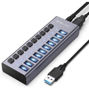 Powered USB Hub, 10 Ports USB 3.0 Data Hub, Individual Switches, 12V4A 48W Power Adapter, USB Hub 3.0 Splitter Extension