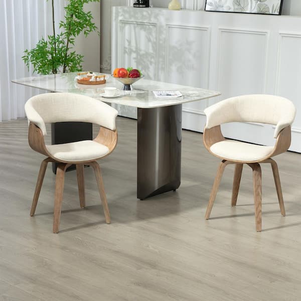 Glamour Home Berkeley Beige Upholstered Fabric Dining Chair with Natural Wood Accent Legs