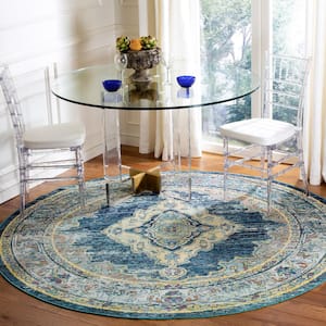 Crystal Blue/Yellow 7 ft. x 7 ft. Border Medallion Round Area Rug