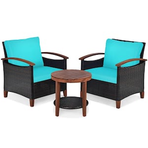 3-Piece Wicker Patio Conversation Set with Turquoise Cushions and 2-Tier Round Acacia Wood Table