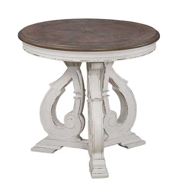 Benjara 27 in. Brown and White Round Wood End Table with Scrolled Legs