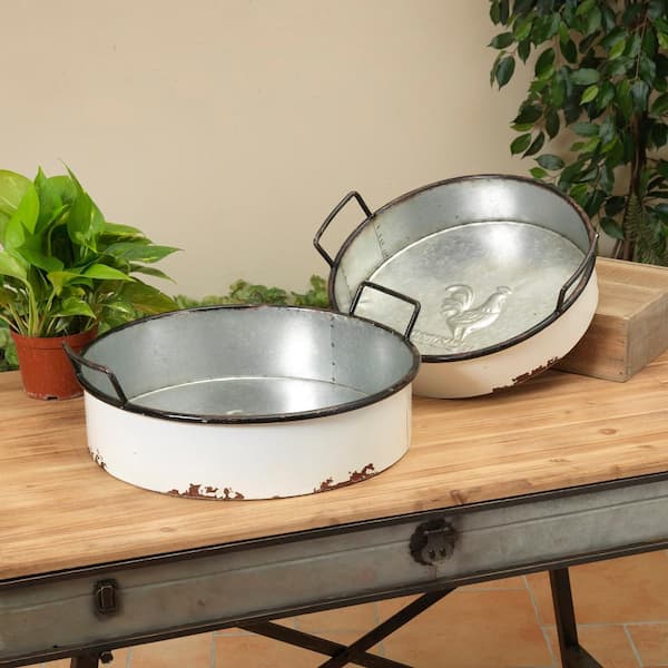 2-Piece White Iron and Silver Metal Serving Tray Set with Handles