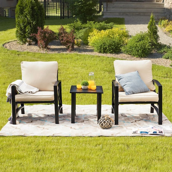 TOP HOME SPACE 3-Piece Metal Outdoor Chat Set with Beige Cushions
