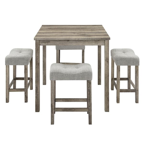 TIRAMISUBEST TD Garden Brown 5-Piece Wood Outdoor Dining Set with Gray Cushion