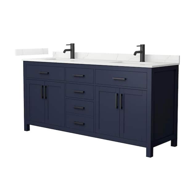 Wyndham Collection Beckett 72 in. Double Freestanding Dark Blue Bath Vanity with Giotto Quartz Top (Assembled)