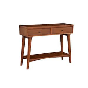 14 in. Brown Rectangle Wood Top Console Table with 2-Drawers and Angled Legs