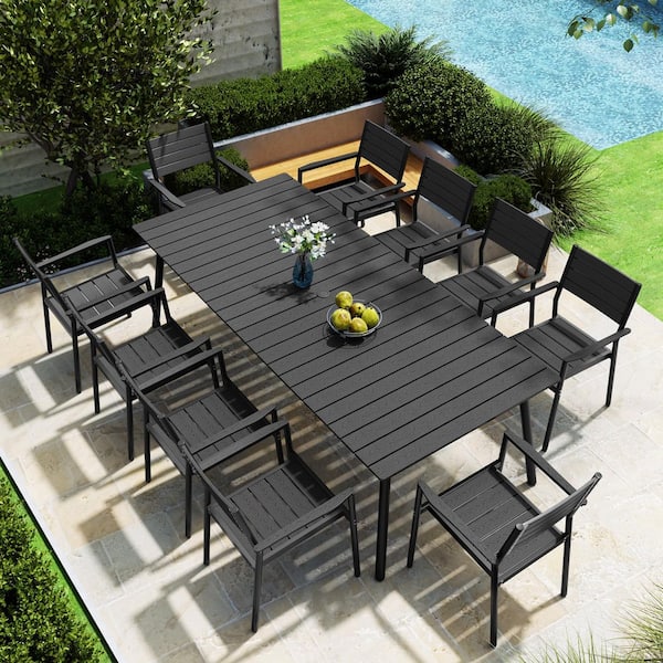11-Piece 94.5 in. Rust-free Aluminum Wood-Like Patio Outdoor Dining Set with Umbrella Hole and Stackable Arm Chair