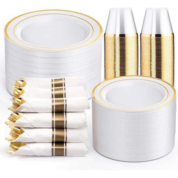 White and Gold Disposable Plastic Dinnerware Set for 50-Guests (350-Pieces)