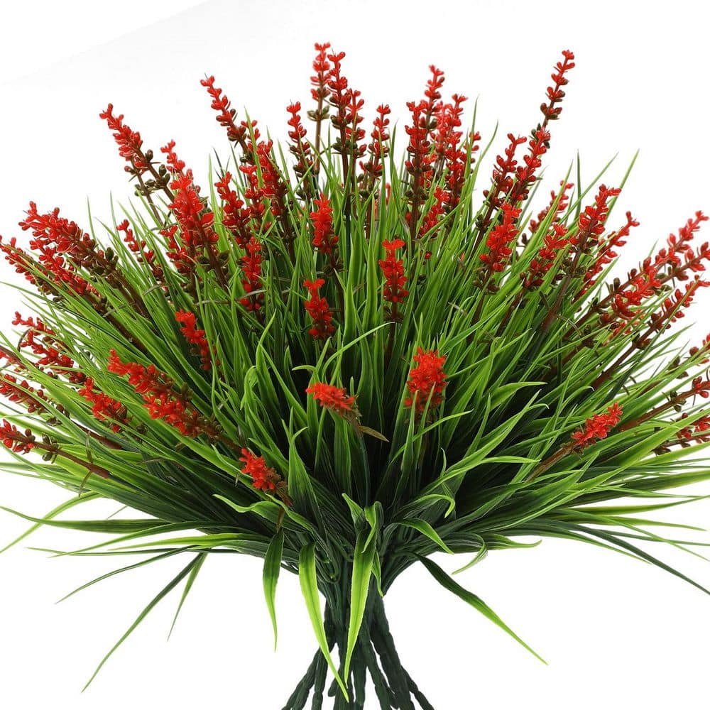 12 Bundles 14.1 in. Green Artificial Monkey Grass with Red Flowers