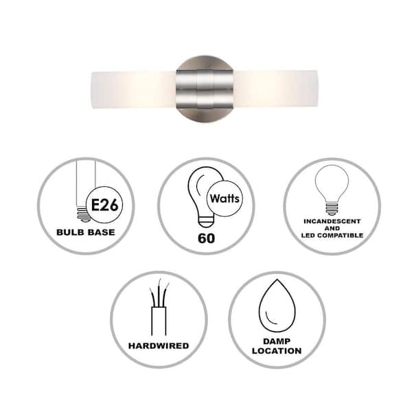 Fusion 15.5 in. 2-Light Brushed Nickel Linear Bathroom Vanity Light Fixture with Frosted Glass Shade