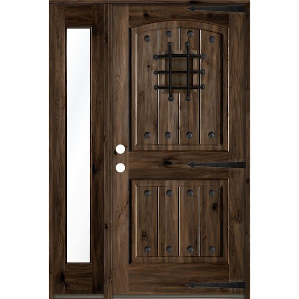 Krosswood Doors 44 in. x 80 in. Mediterranean Alder Right-Hand/Inswing Clear Glass Black Stain Wood Prehung Front Door with Sidelite
