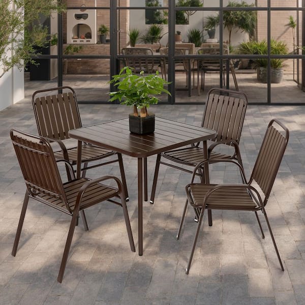 Tenleaf 5-Piece Brown Metal Indoor-Outdoor Dining Set Patio Table and Chair Set Conversation Set with Steel Tabletop