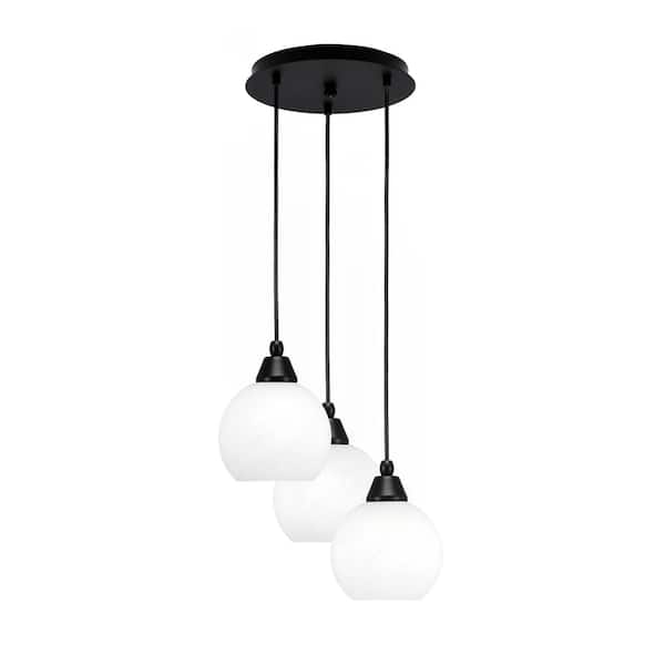 Unbranded Savannah 8.75 in. 3-Light Matte Black Cord Pendant Light White Marble Glass Shade