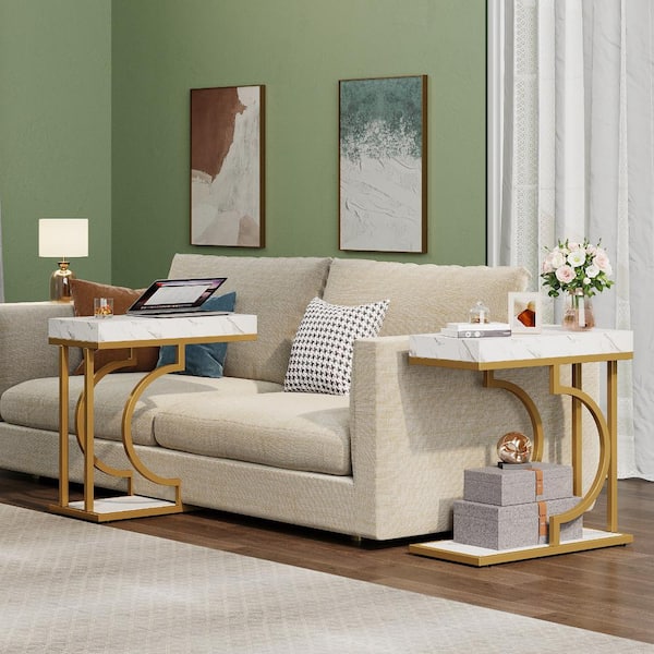 Kerlin 23.6 in. 2-Piece White and Gold C Shaped Wood Narrow Side Table Modern End Side Table with 2-Shelf