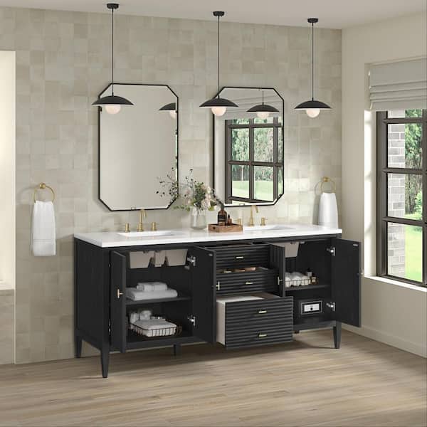 Myrrin 72.0 in. W x 23.5 in. D x 34.06 in. H Bathroom Vanity in Carbon Oak with White Zeus Silestone Quartz Top
