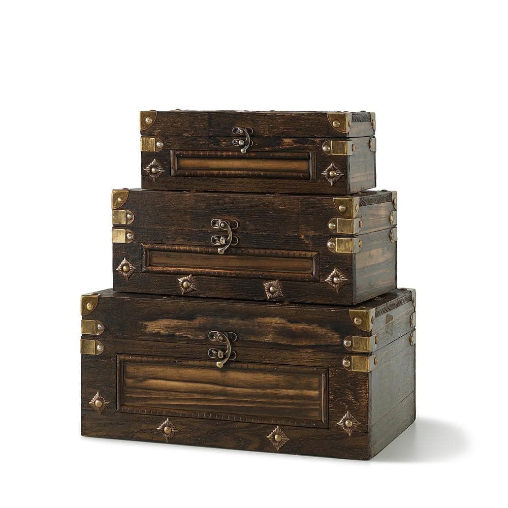 Vintage Dark Brown Wood Decorative Storage Box Set with Hinged Lids
