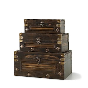 Vintage Brown Wood Decorative Box with Hinged Lid 3-Pack