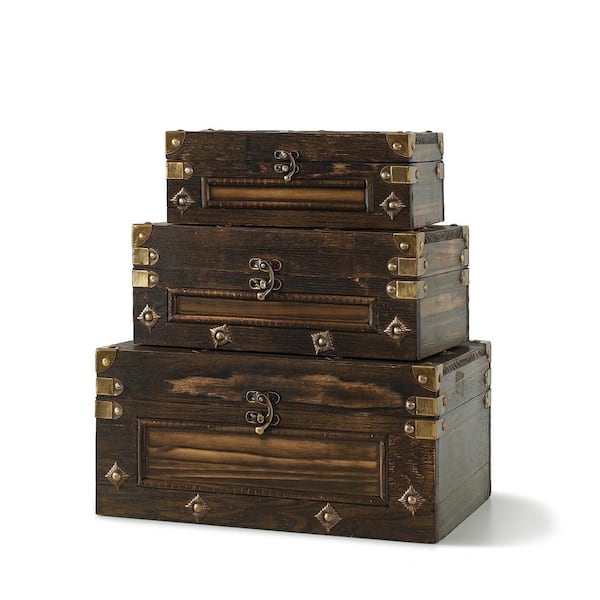 Afoxsos Vintage Brown Wood Decorative Box with Hinged Lid 3-Pack