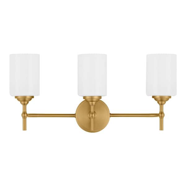Home Decorators Collection Ayelen 3-Light Matte Brass Modern Bathroom Vanity Light with Opal White Glass