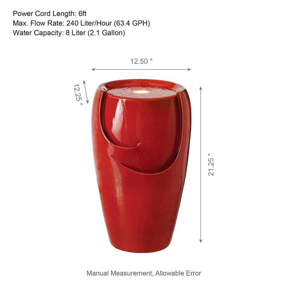 21.25" Red Ceramic Pot Fountain with LED Light